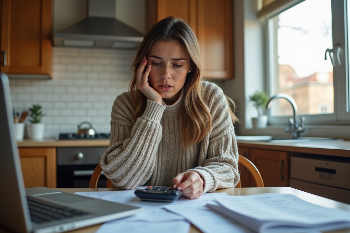 Jeune femme stressée avec factures et ordinateur portable