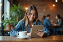 Jeune femme compare un iPad Mini et une tablette compacte dans un café