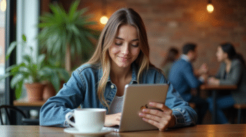 Jeune femme compare un iPad Mini et une tablette compacte dans un café