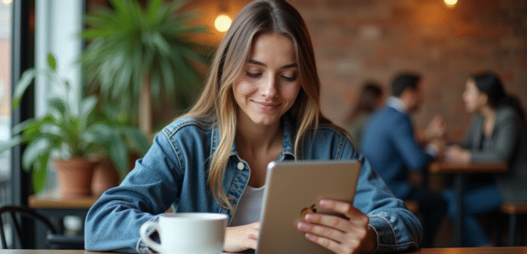 Jeune femme compare un iPad Mini et une tablette compacte dans un café