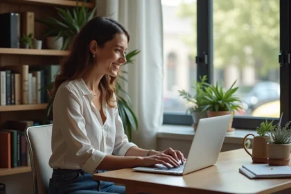 Femme souriante remplissant un test de personnalité sur son ordinateur
