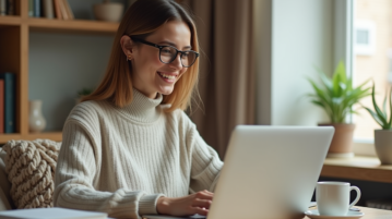 Femme souriante travaillant sur son ordinateur à la maison