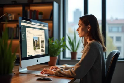 Femme en bureau à domicile regardant un écran d'ordinateur