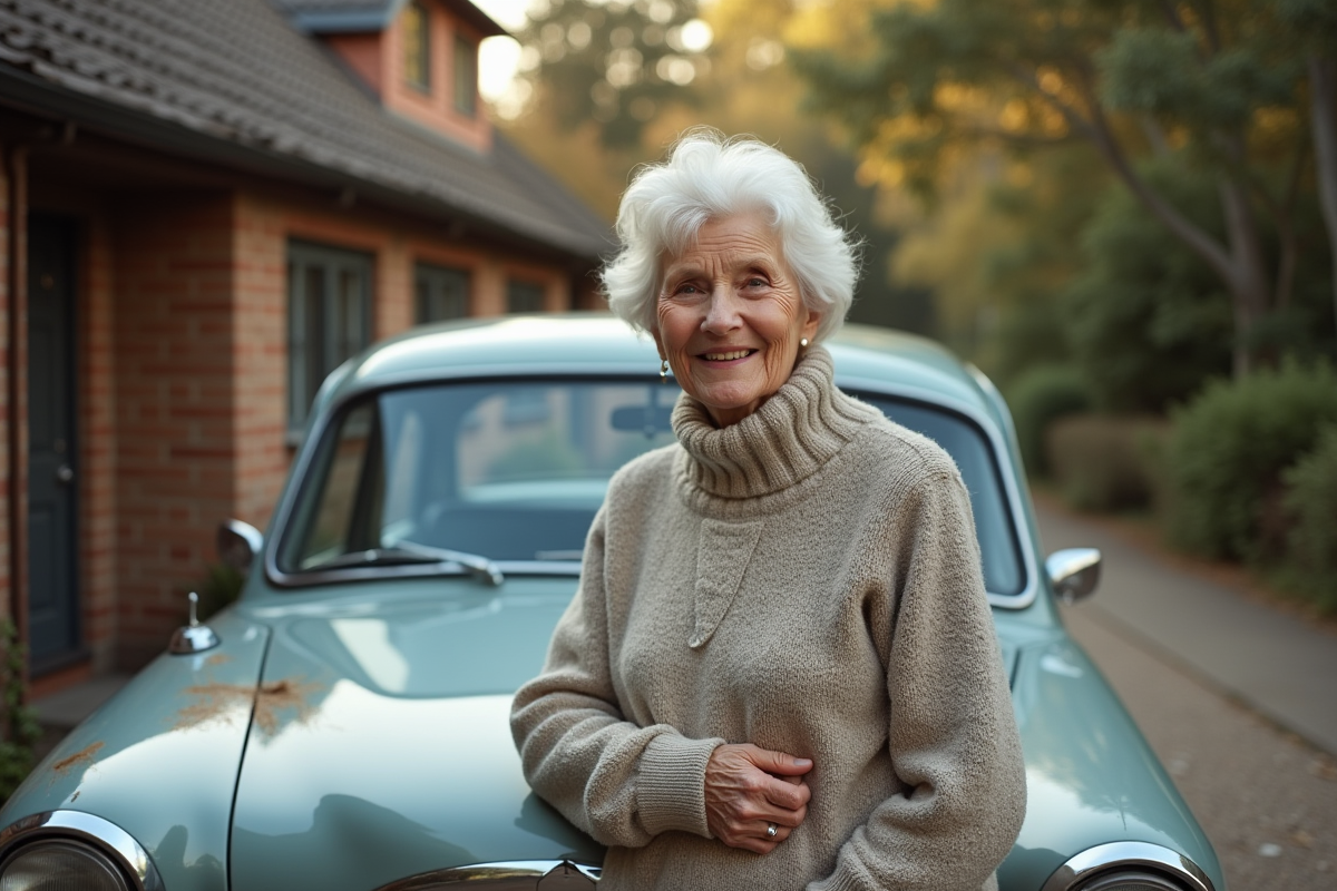 Femme âgée souriante près de sa voiture vintage dans la rue