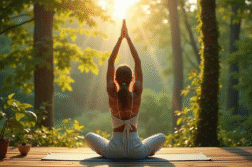 Jeune femme pratiquant yoga dans la nature au matin