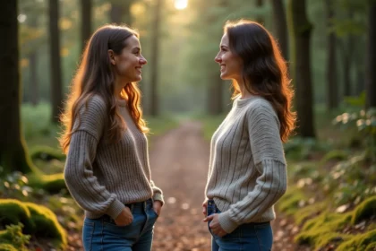 Deux femmes souriantes dans la forêt au matin