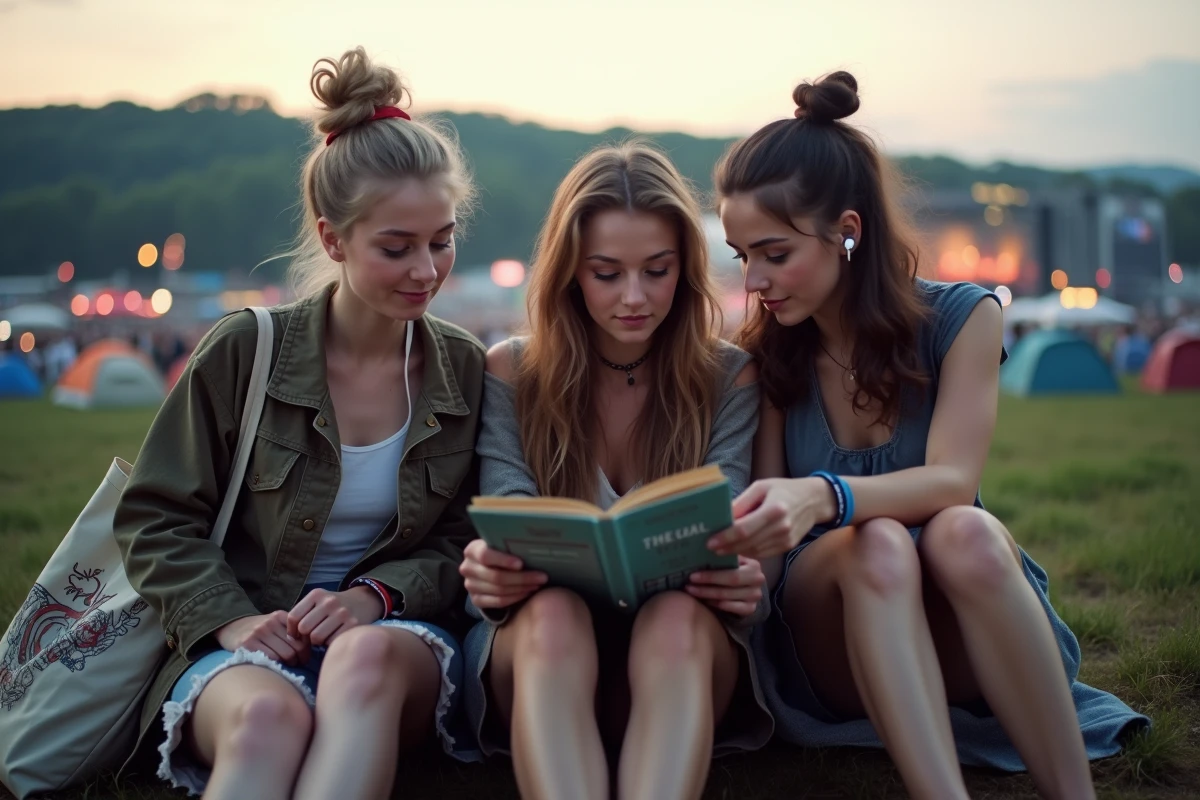 Groupe de festivaliers consultant la programmation des Vieilles Charrues assis dans l'herbe au coucher du soleil