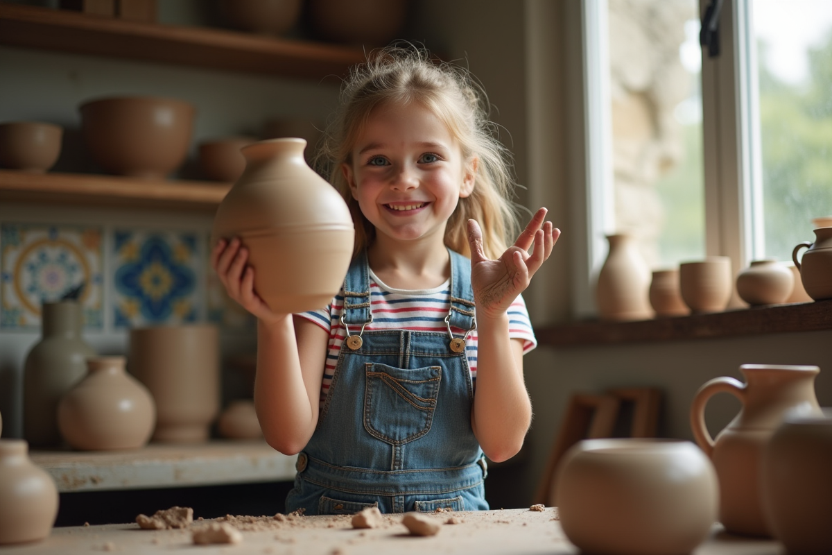 Jeune fille souriante montrant un vase en argile
