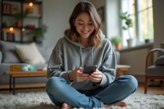 Jeune femme souriante jouant à Monopoly chez elle