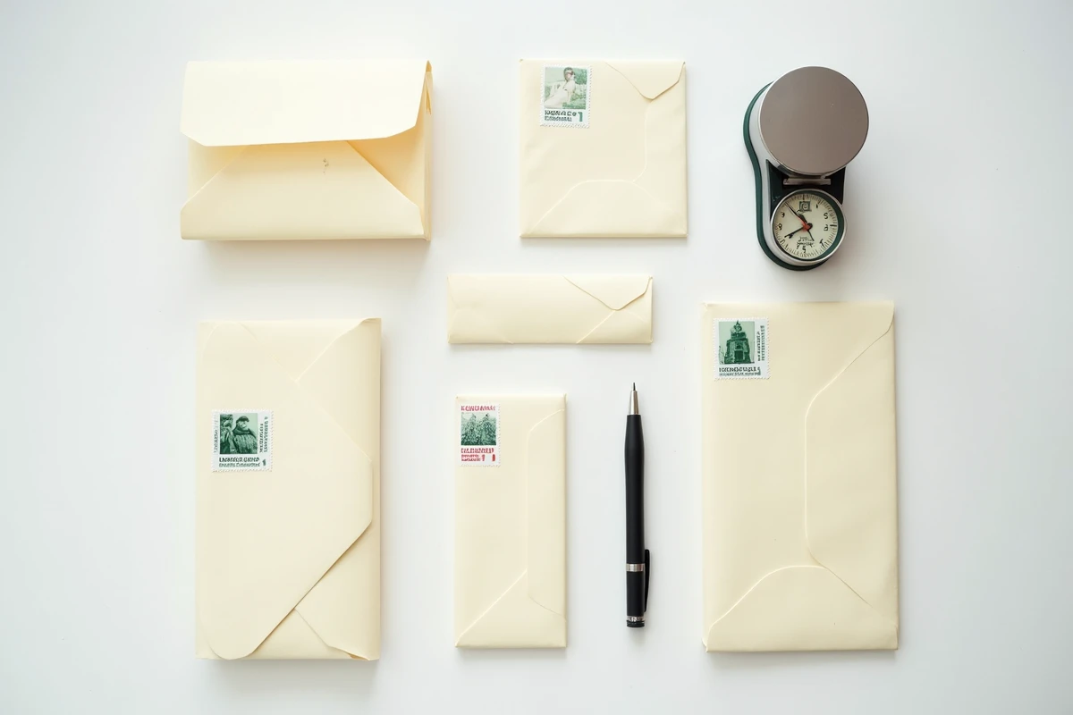 Vue en plongée d'enveloppes de différents formats avec timbres lettre verte et services plus et une balance postale pour peser le courrier