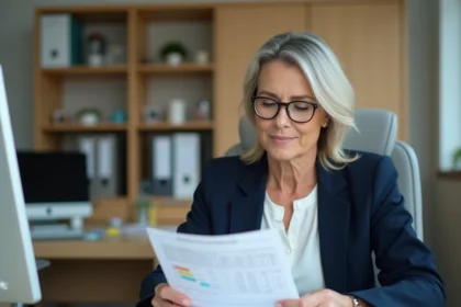 Femme fonctionnaire en blazer marine consultant une grille salariale attaché hors classe à son bureau administratif