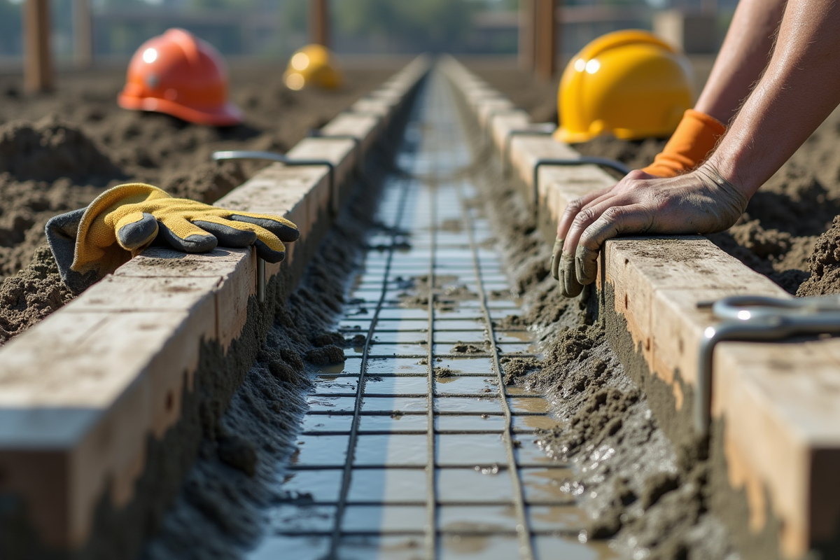 Détail des fondations en béton frais dans un coffrage en bois