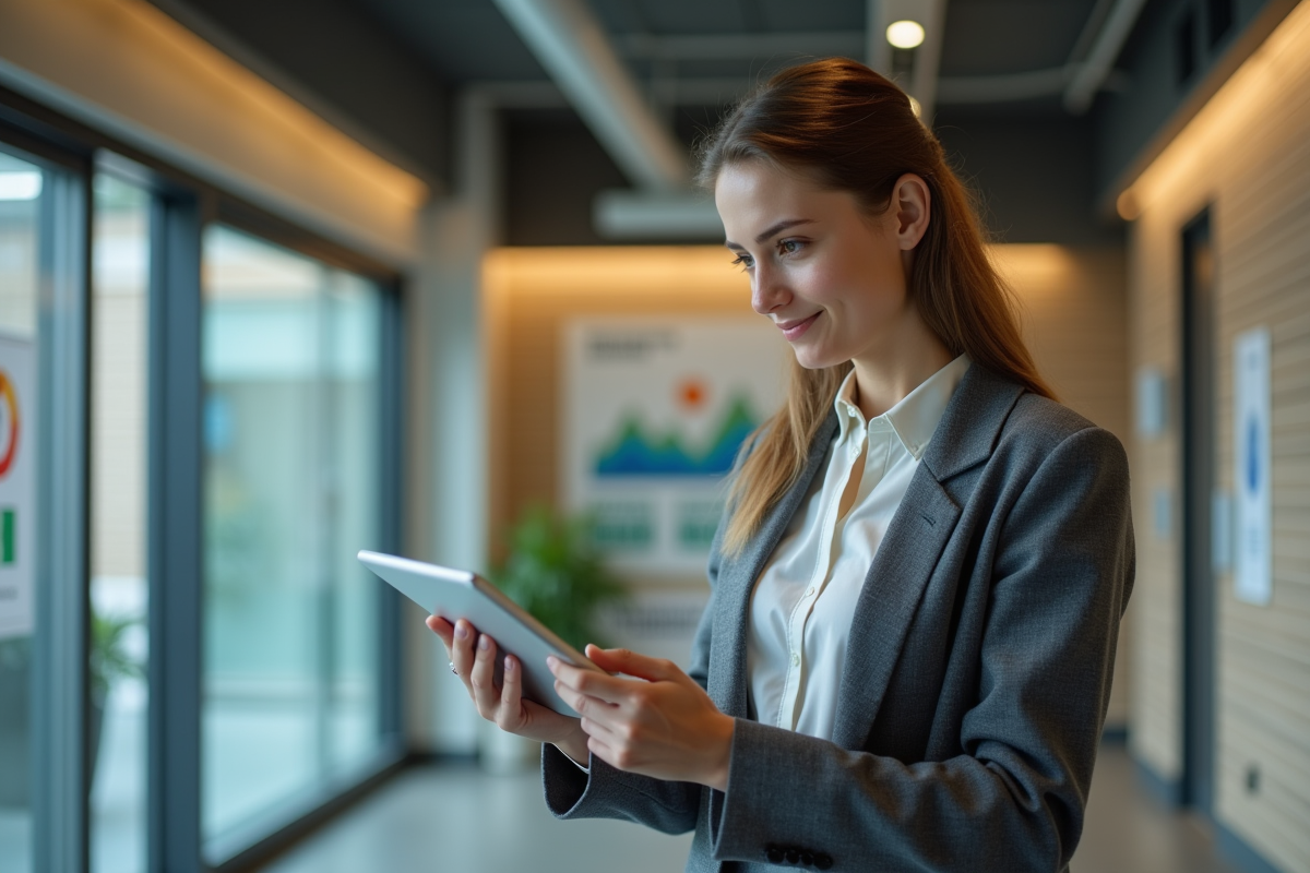 Jeune femme surveillant des données dans un hall d