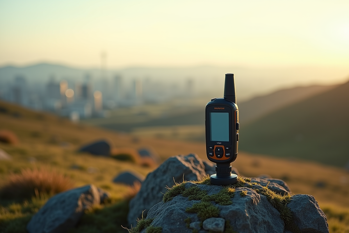 Traceur GPS sur roche mousseuse avec ville en arrière-plan au matin