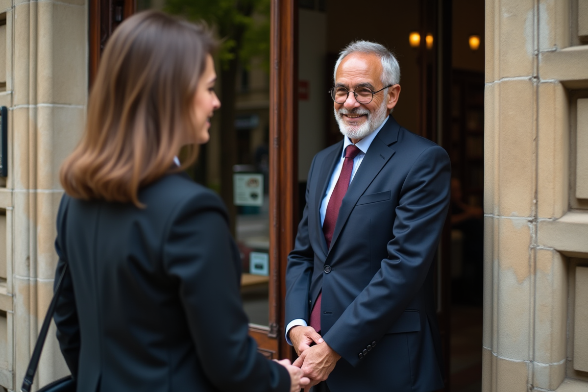 Homme notaire accueillant une femme dans une vieille rue française