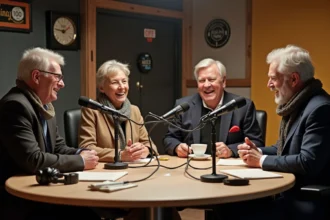 Animateurs radio réunis autour d'une table de studio pendant un enregistrement hors antenne des Grosses Têtes