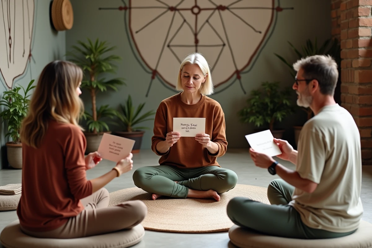 Groupe d'adultes en cercle de méditation réfléchissant à un synonyme symbolique de mantra dans un studio de yoga