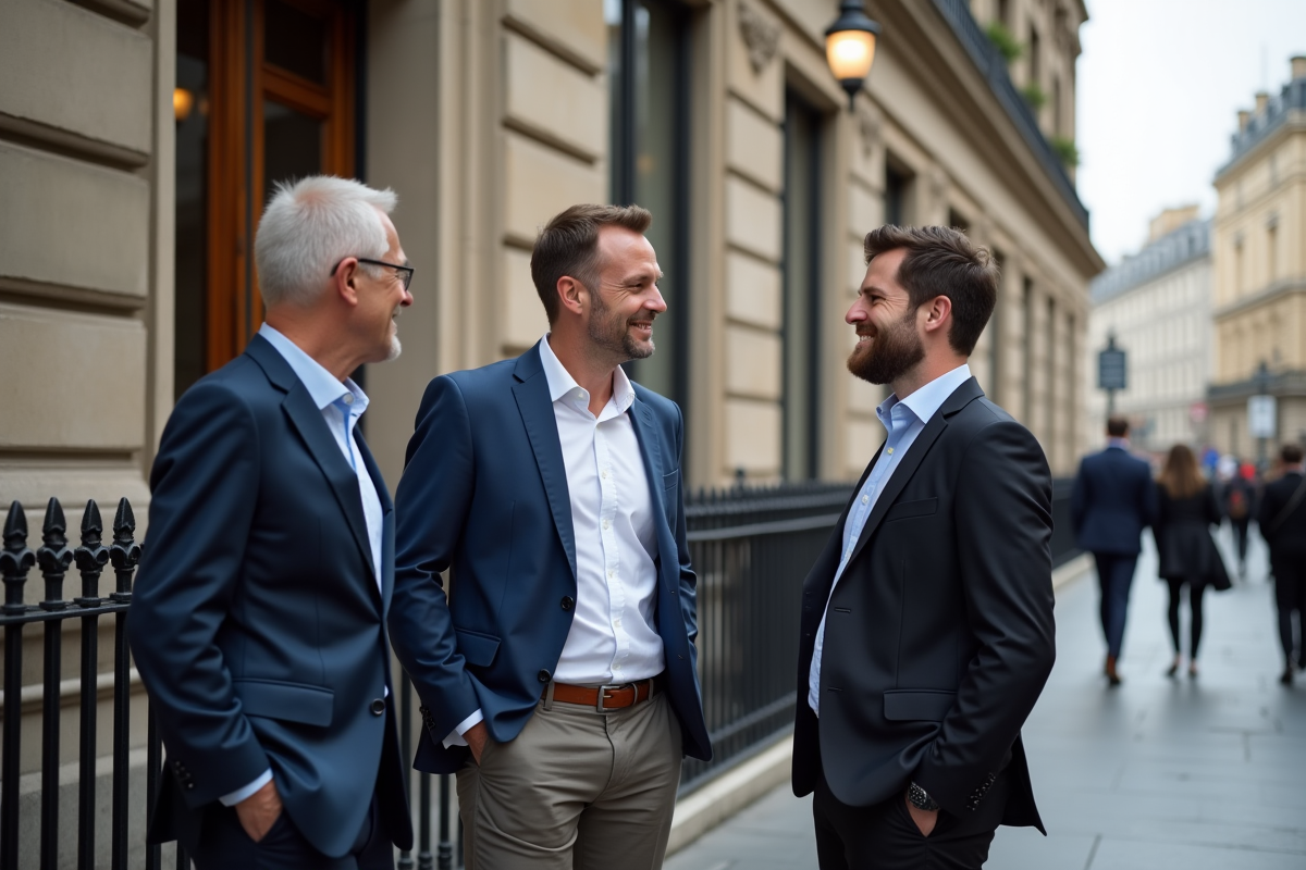 Groupe de professionnels discutant devant une banque ancienne