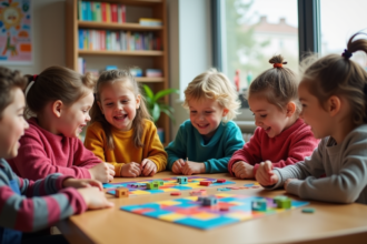 Enfants jouant autour d'une table en classe lumineuse