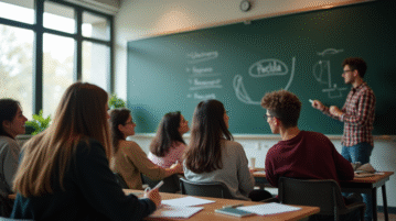Groupe d'étudiants universitaires discutant autour d'un tableau noir