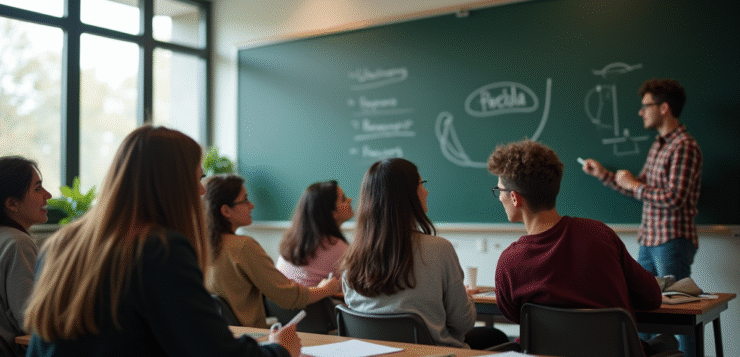 Groupe d'étudiants universitaires discutant autour d'un tableau noir