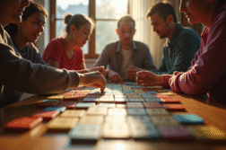 Groupe de personnes jouant au Rummikub dans un salon lumineux