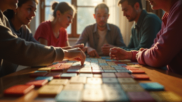 Groupe de personnes jouant au Rummikub dans un salon lumineux