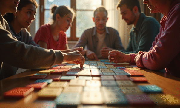 Groupe de personnes jouant au Rummikub dans un salon lumineux