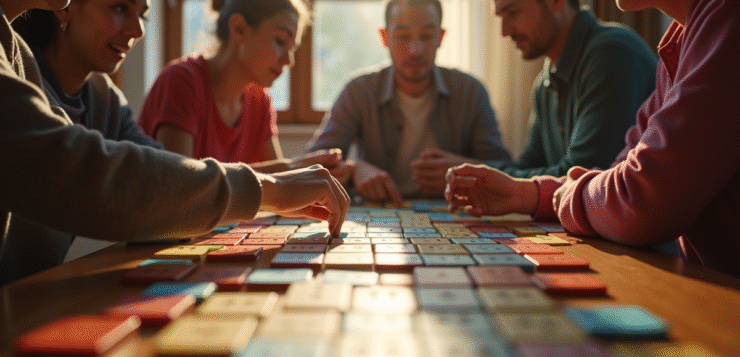 Groupe de personnes jouant au Rummikub dans un salon lumineux