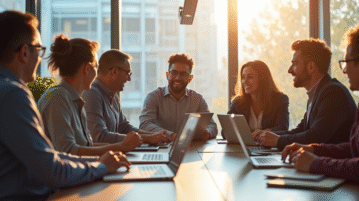 Groupe de professionnels collaborant dans un bureau lumineux