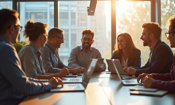 Groupe de professionnels collaborant dans un bureau lumineux