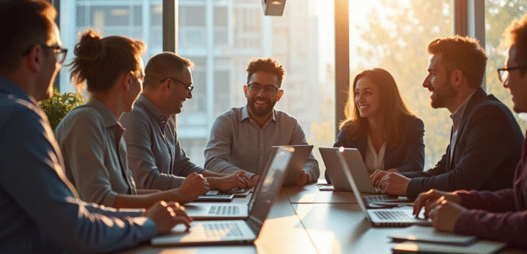 Groupe de professionnels collaborant dans un bureau lumineux