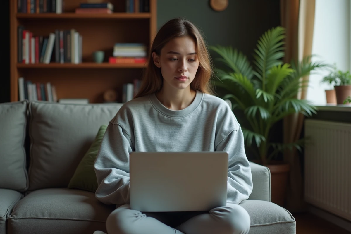 Jeune femme adulte consultant un guide de combos et d'outils MMORPG similaires à Dofusportal sur son laptop depuis son salon