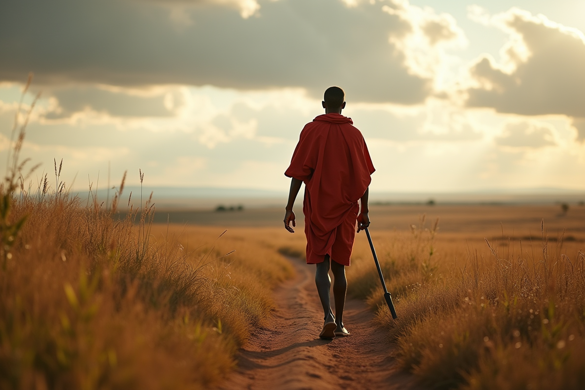 Guide masai marchant dans la savane sous nuages
