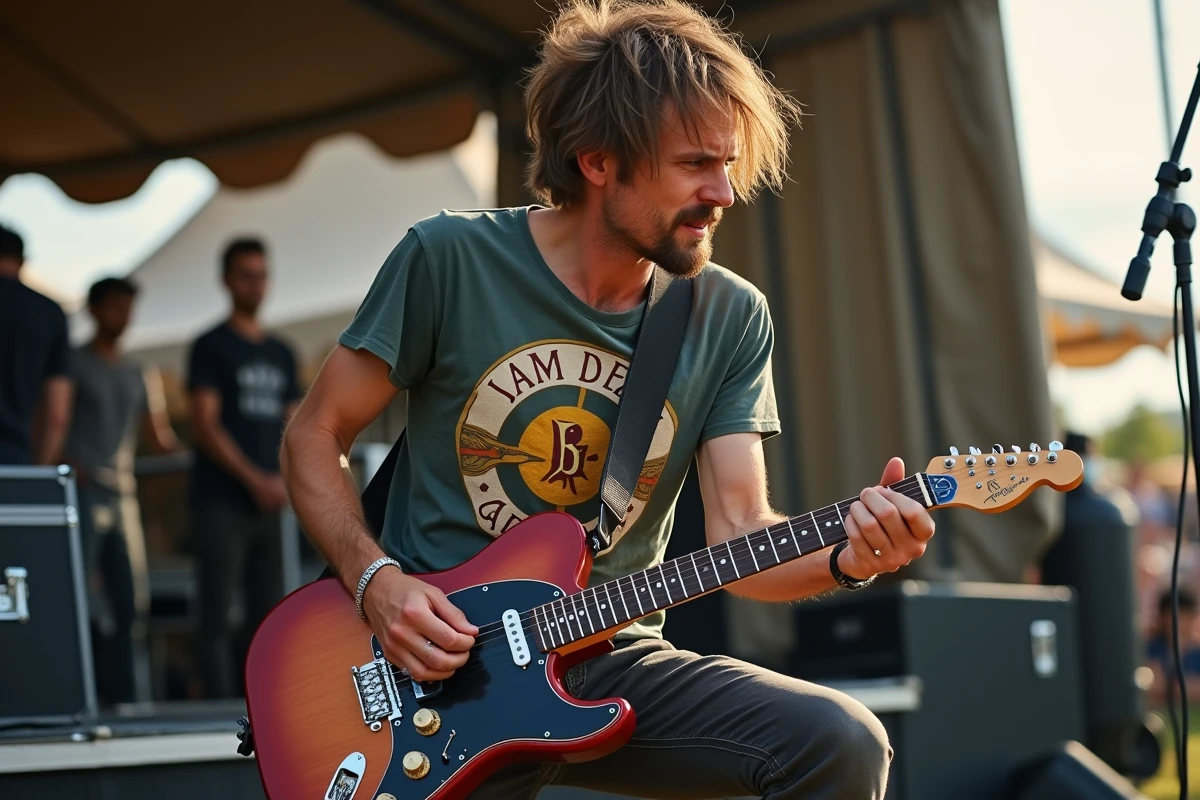 Guitariste de groupe émergent en pleine performance sur une scène secondaire de festival musical en plein air