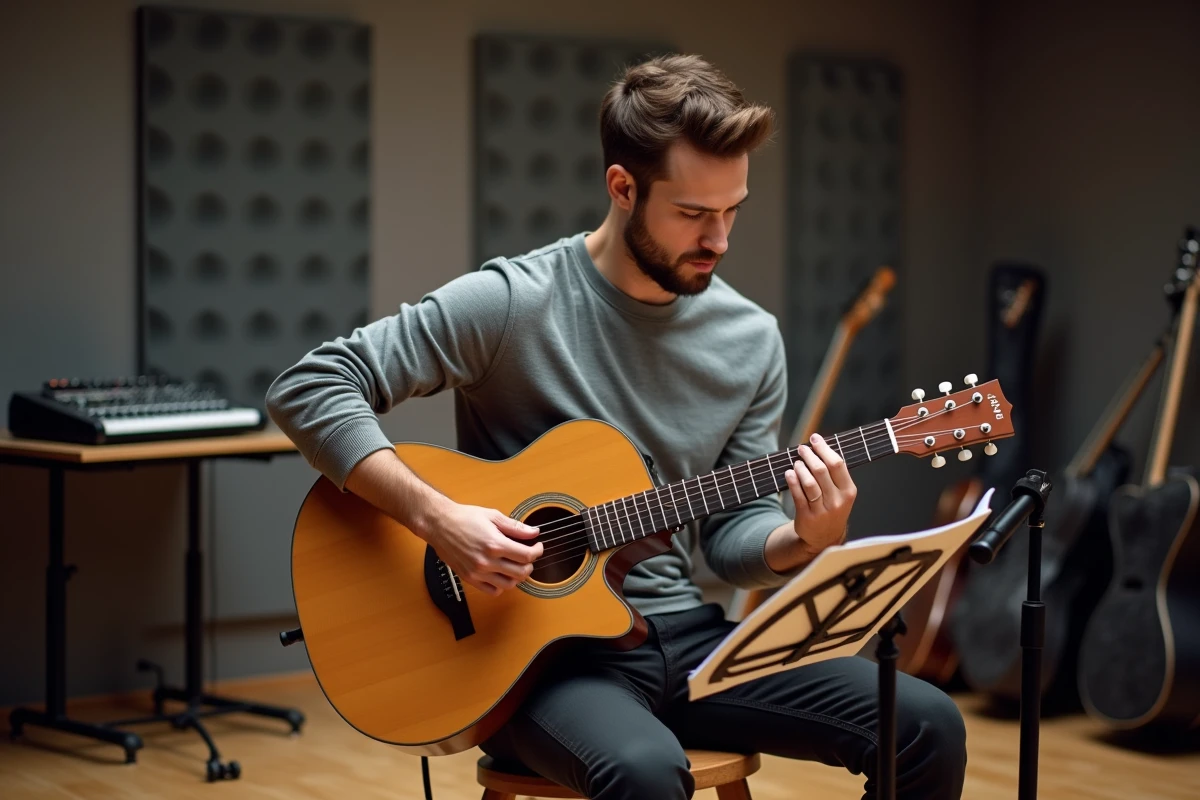 Guitariste adulte en studio de répétition étudiant une grille d'accords pour progresser du niveau débutant au niveau avancé