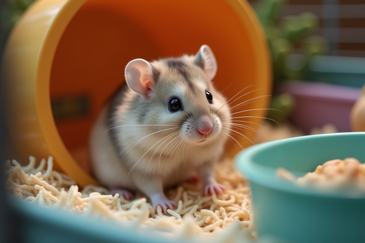 Hamster russe dans sa cage propre et bien organisée
