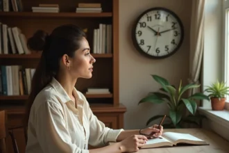 Femme contemplant une horloge analogique affichant 14h41 dans un bureau spirituel avec journaux de numérologie