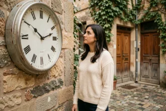 Femme contemplant une horloge affichant 20h20 dans une cour pavée européenne, illustration de l'heure miroir et des messages des anges gardiens