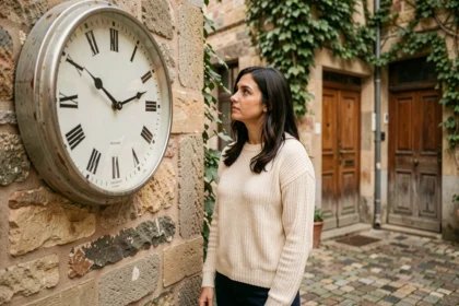 Femme contemplant une horloge affichant 20h20 dans une cour pavée européenne, illustration de l'heure miroir et des messages des anges gardiens