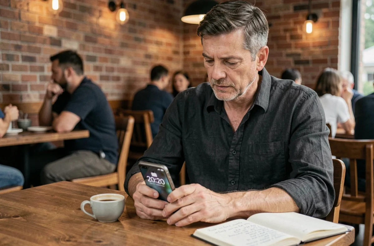 Homme observant l'heure miroir 20h20 sur son téléphone dans un café, symbolisant la connexion avec les anges gardiens et la numérologie