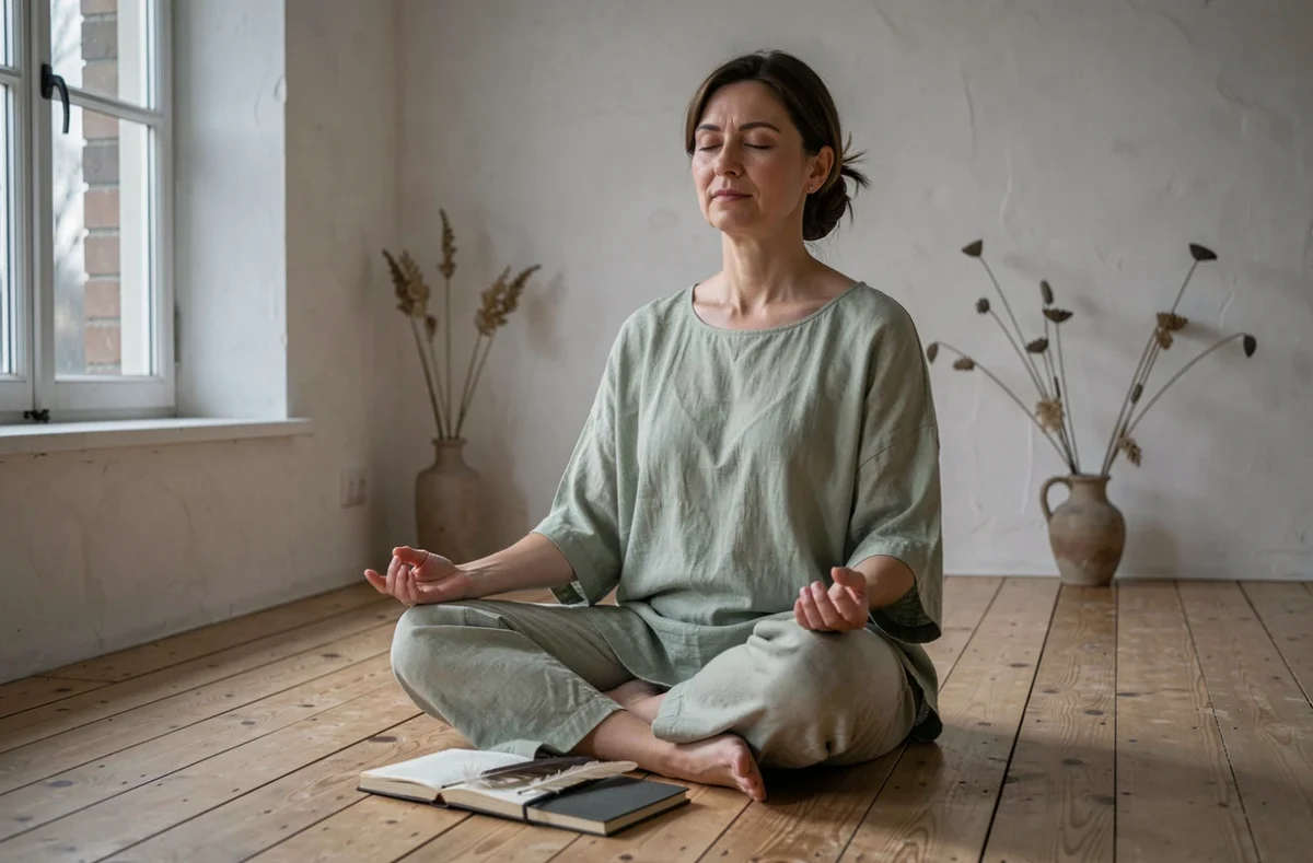 Femme en méditation à l'heure miroir 20h20 dans un espace minimaliste, évoquant la guidance spirituelle des anges gardiens