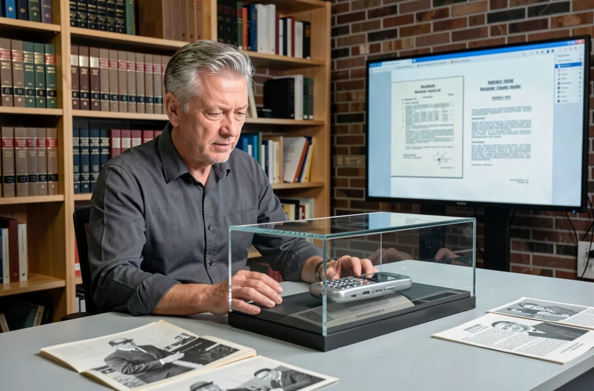Historien examinant un prototype de téléphone portable dans une vitrine de musée entouré de photographies d'archives, retraçant l'histoire de l'invention du téléphone mobile