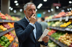 Homme d'âge moyen en supermarché avec ticket de caisse
