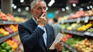Homme d'âge moyen en supermarché avec ticket de caisse