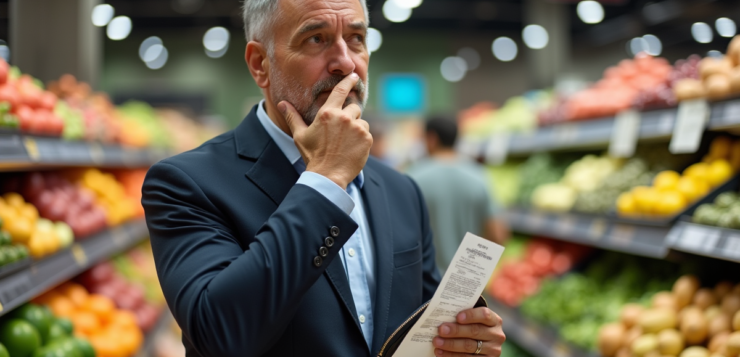 Homme d'âge moyen en supermarché avec ticket de caisse