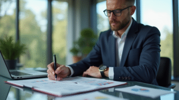 Homme d'affaires en costume lisant des documents financiers