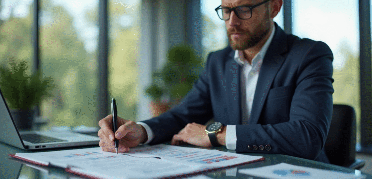 Homme d'affaires en costume lisant des documents financiers