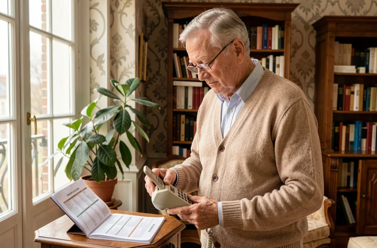 Homme âgé consultant un annuaire téléphonique imprimé dans son salon pour trouver un numéro de téléphone