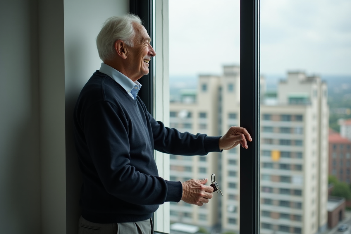 Homme âgé regardant par la fenêtre dans un appartement urbain